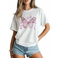 thumbnail image 3 of Women's T-Shirt Pink Leopard Print Bow Short Sleeve Casual Tee Classic Crew Neck T Shirt for Women White, 4XL, 3 of 7