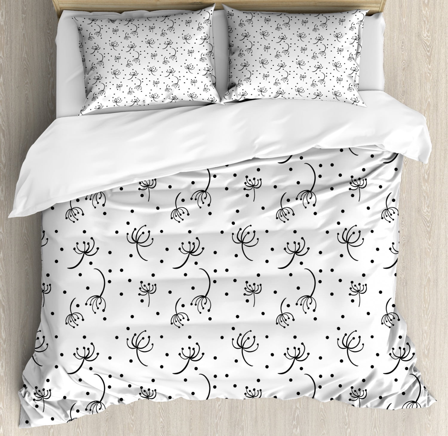 Black And White King Size Duvet Cover Set Abstract Dandelions Flying In The Air Monochrome Curly Stems And Dots Decorative 3 Piece Bedding Set With 2 Pillow Shams Black White By Ambesonne