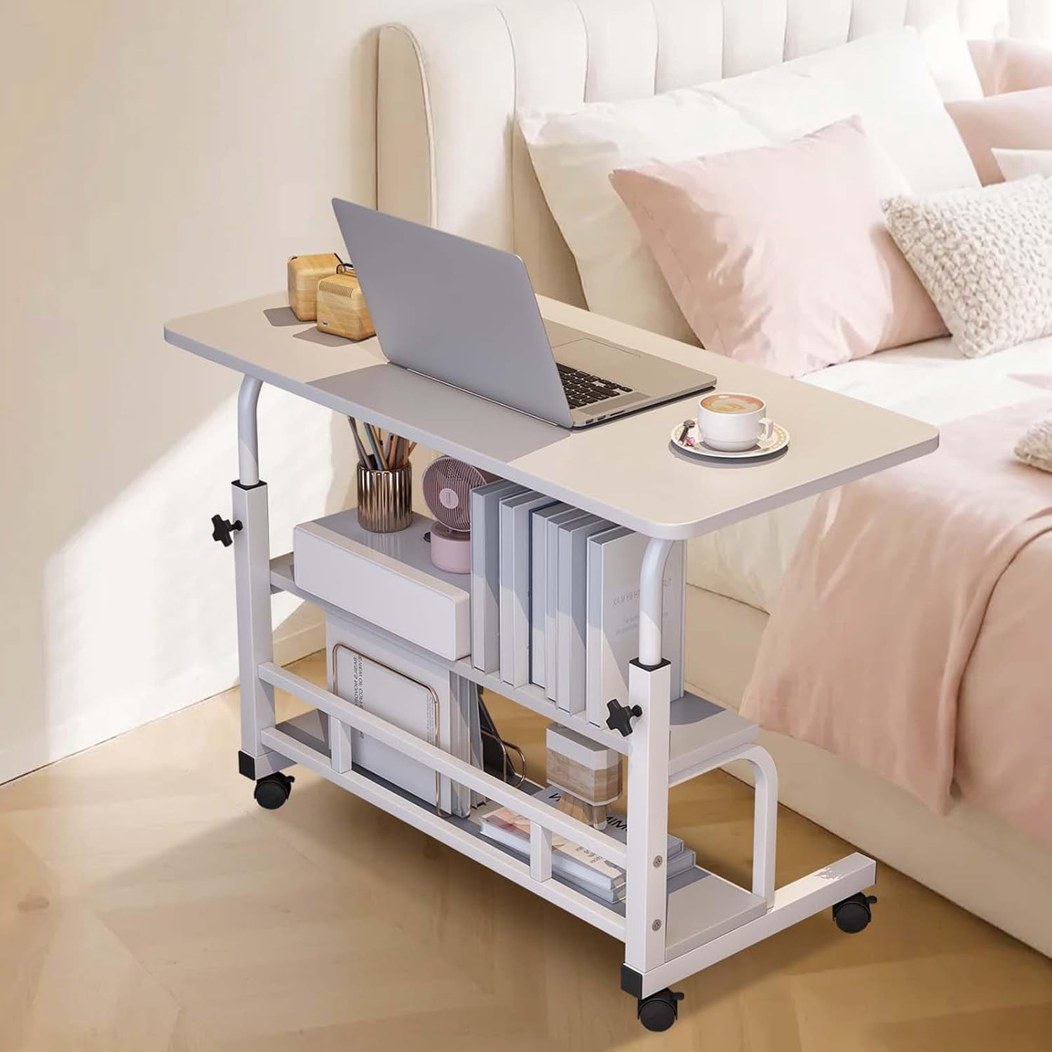 Adjustable Height Mobile Standing Desk – Ergonomic Rolling Computer Table with Storage Shelves – Space-Saving Laptop Desk for Home Office or School – with Wheels, White 80 x 40CM