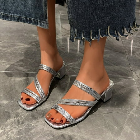 

XIAQUJ Ladies Fashion Summer Solid Leather Fine Band Combination Open Toe Thick High Heel Sandals Sandals for Women Silver 6.5(37)