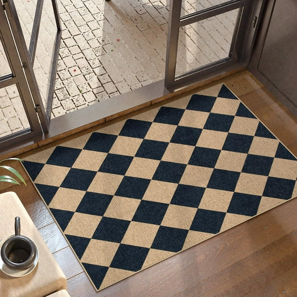 Alfombra Lahome a cuadros, fácil de yute, 61 x 91 cm, antideslizante, lavable