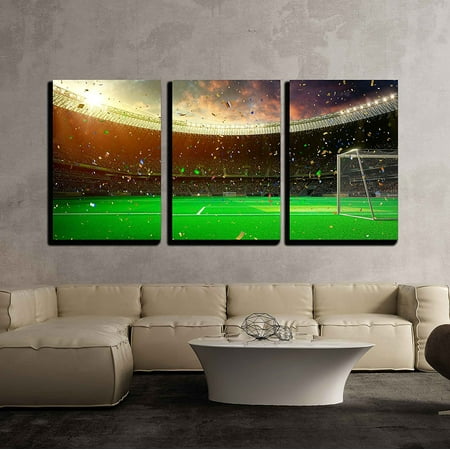 Soccer Canvas Art - wall26-3 Piece Canvas Wall Art - Evening Stadium Arena Soccer Field Championship Win. Confetti and Tinsel - Modern Home Decor Stretched and Framed Ready to Hang - 16