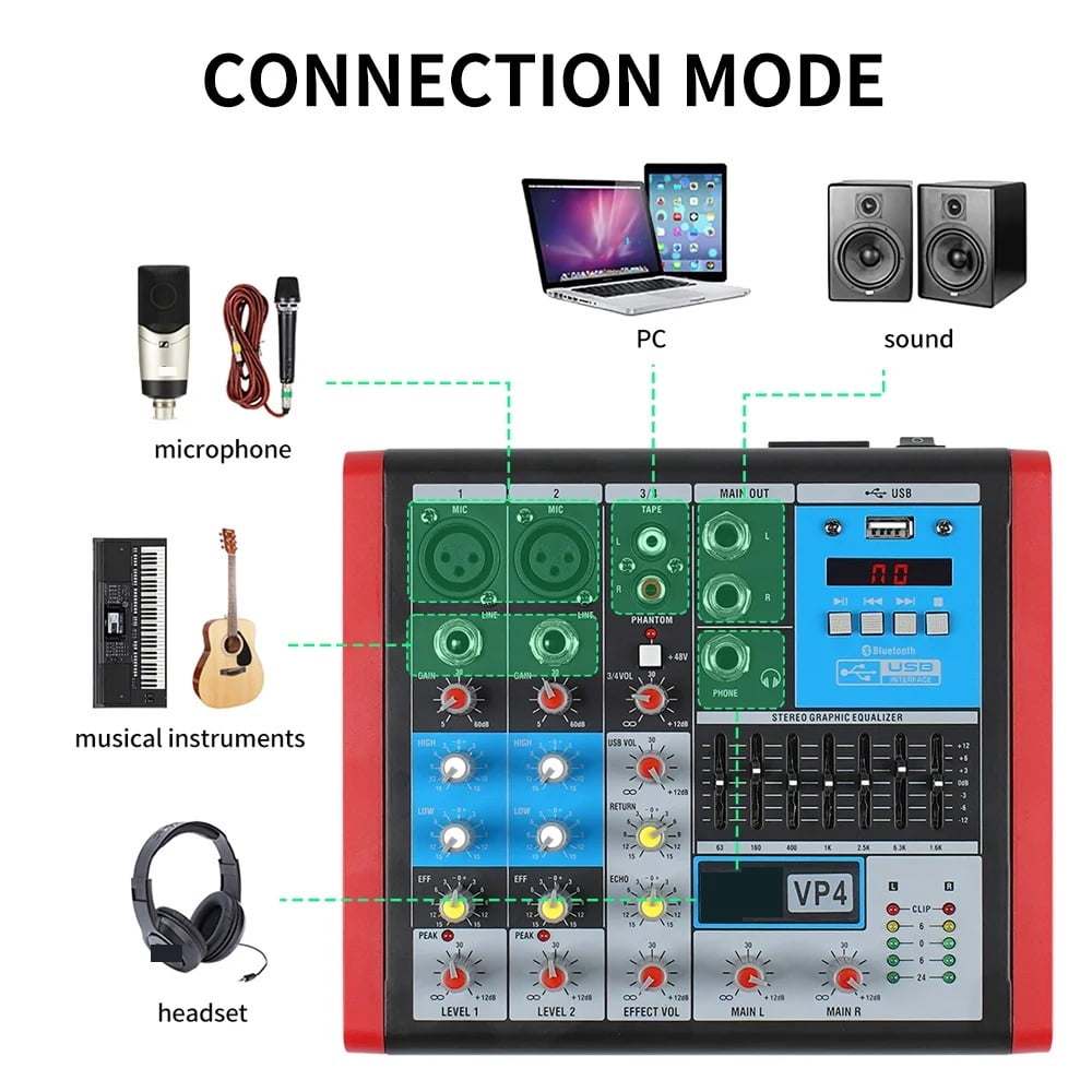 VP-4 Professional 4 Channels Mixer DJ Controller with Bluetooth USB Interface for Stage Studio