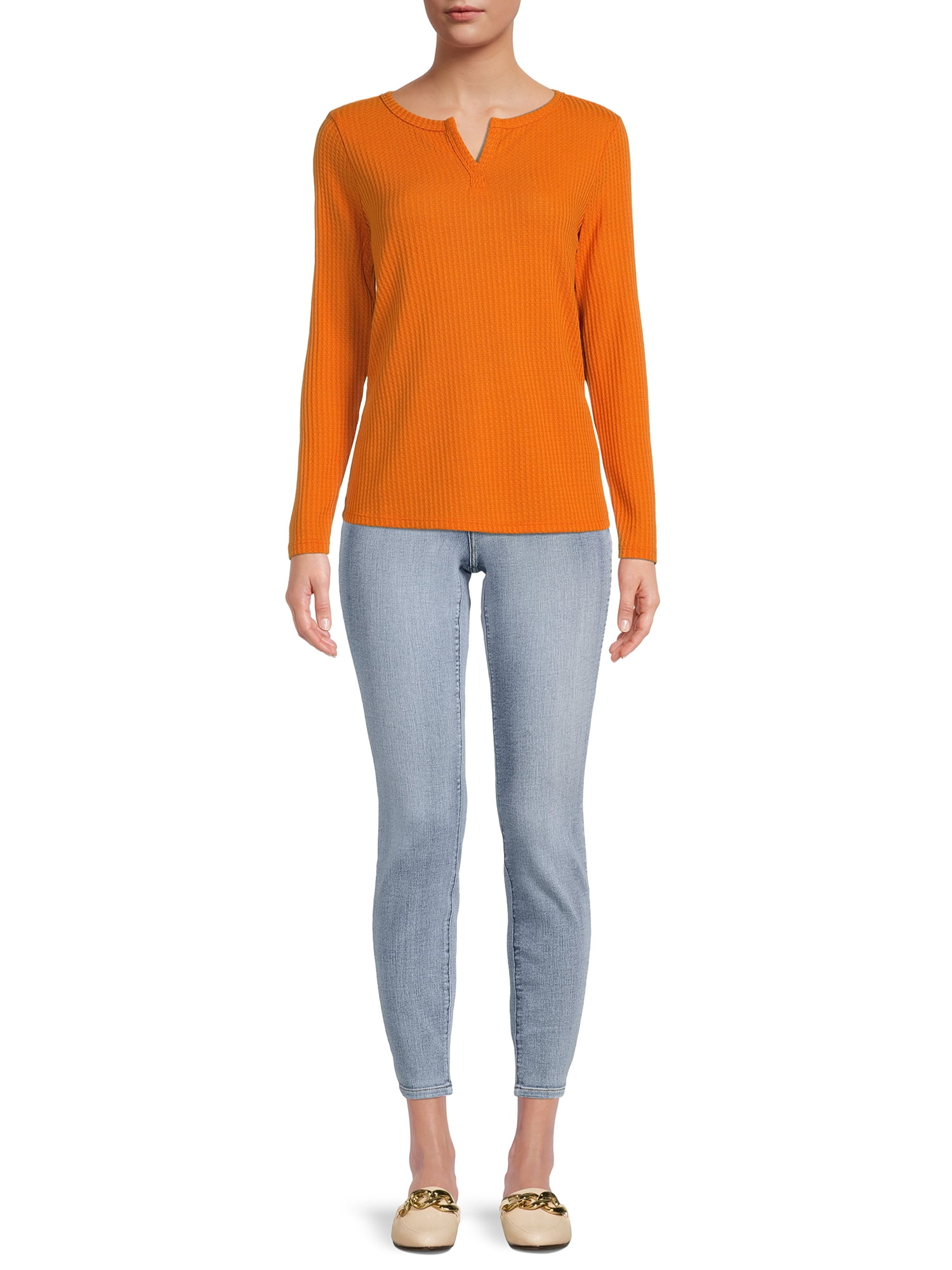 Nine.Eight Women's Waffle Knit Henley with Long Sleeves