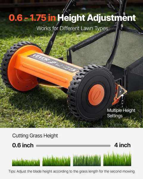 14 Inch Manual Push Reel Lawn Mower 5 Blade Adjustable Height with Grass Catcher and 2 Wheels