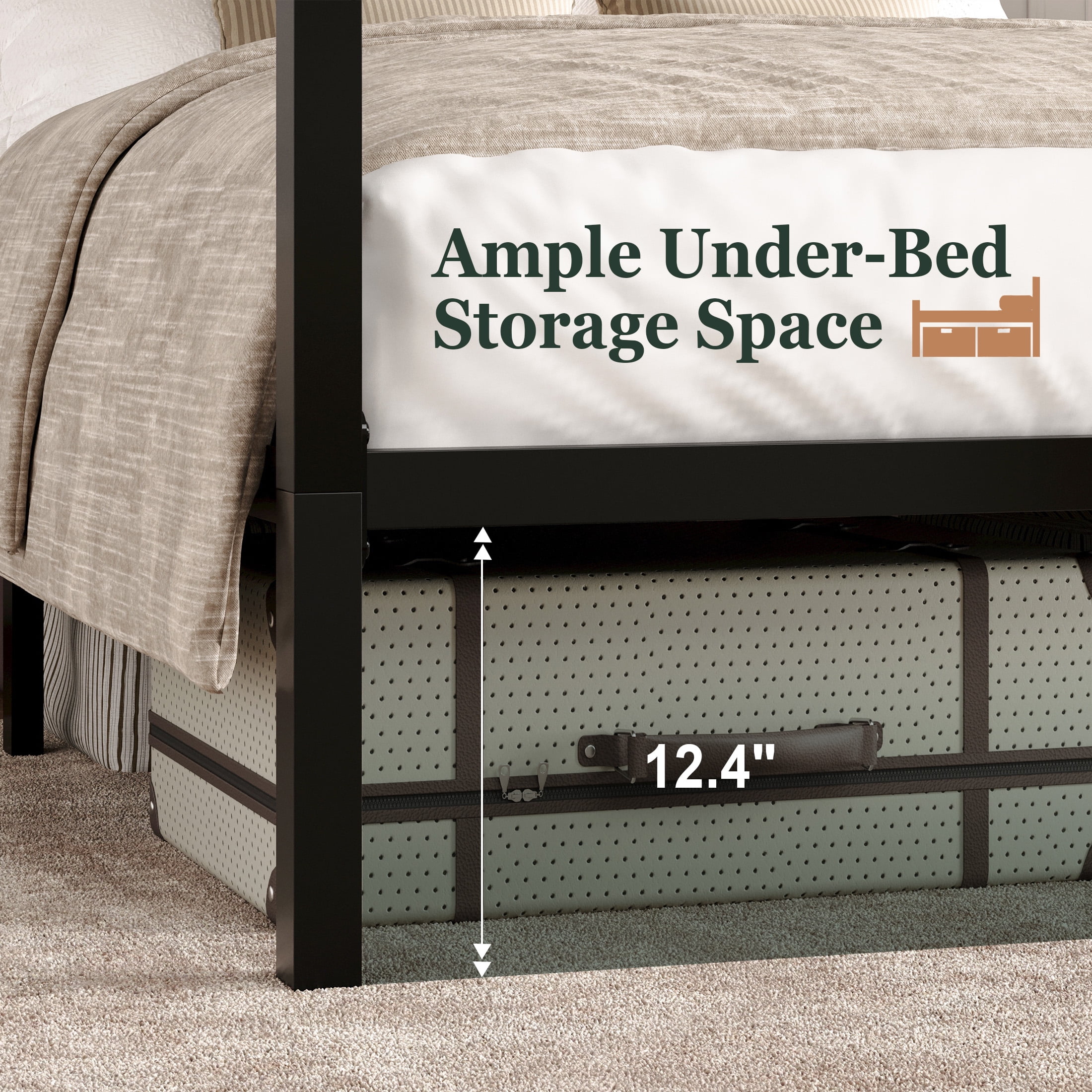 Amolife Queen Bed Frame, Canopy Bed with Metal Headboard, No Box Spring Needed, Black