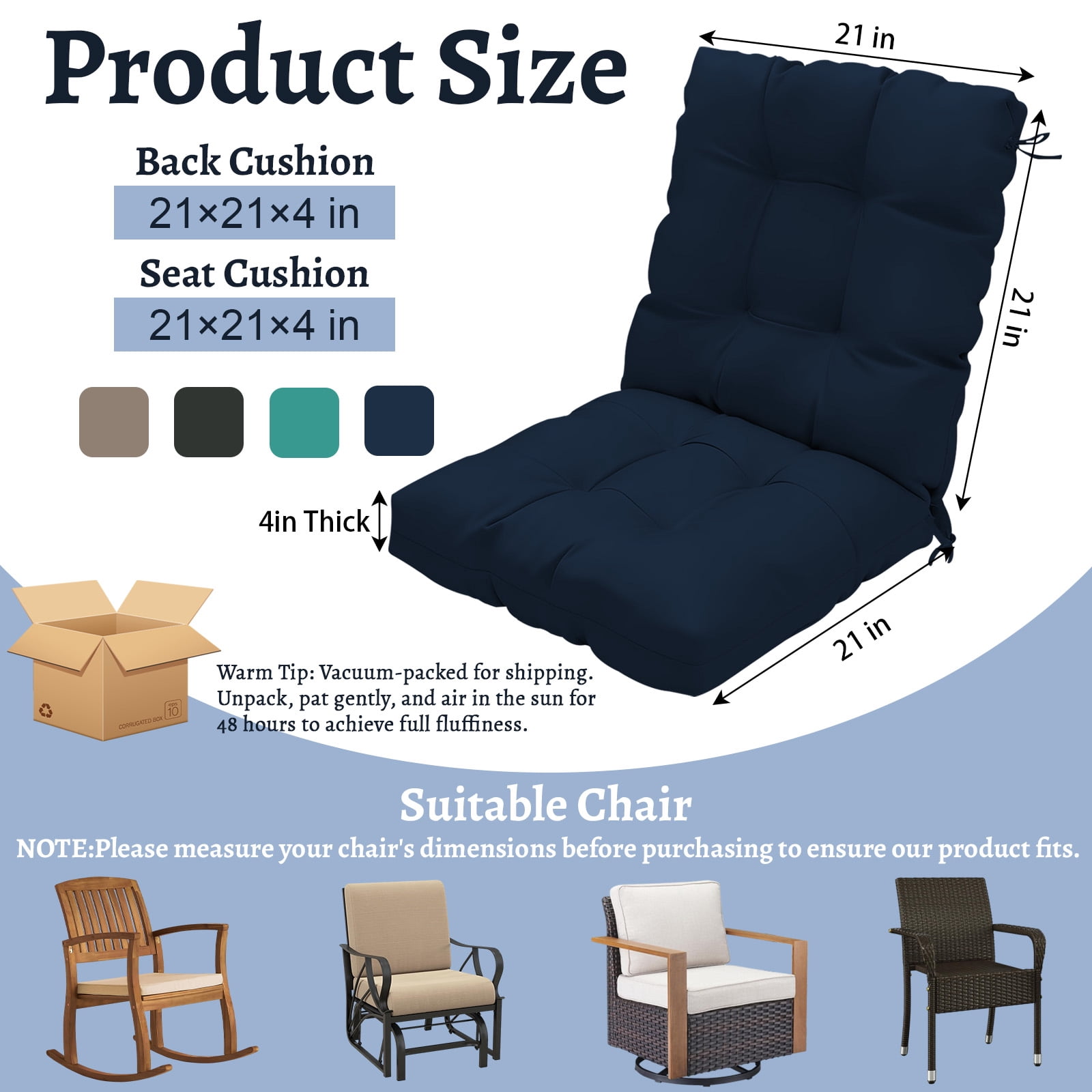 Outdoor High Back Chair Cushions Set of 2, 42"x21"x4" Tufted Waterproof Patio Cushion for Rocking & Dining Chairs, Soft Seat Pad with Ties, Fade-Resistant Indoor Outdoor Use