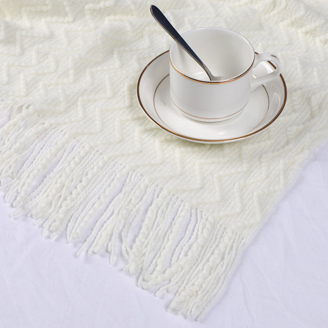 Unique Bargains Fringe Knitted Decorative Throw Blanket, 50"x 60", Cream White