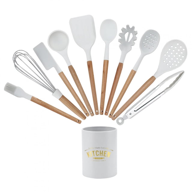 Gupbes Silicone Kitchen Utensiles Set, Non-stick Kithchen Utensils With Storage Box Wooden Handle White