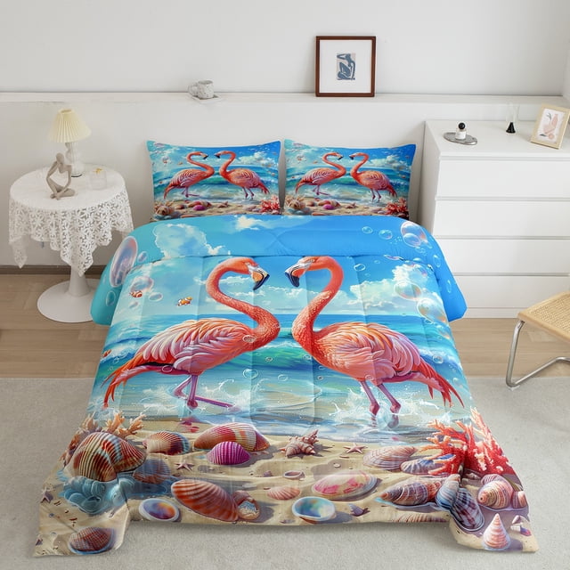 Summer Beach 3 Pcs Queen Size Comforter Set,Hawaiian Style Down Alternative Adults Room Decor,Flamingo Tropical Animals Ultra Soft Microfiber Inner Fill 3Pcs Bedding