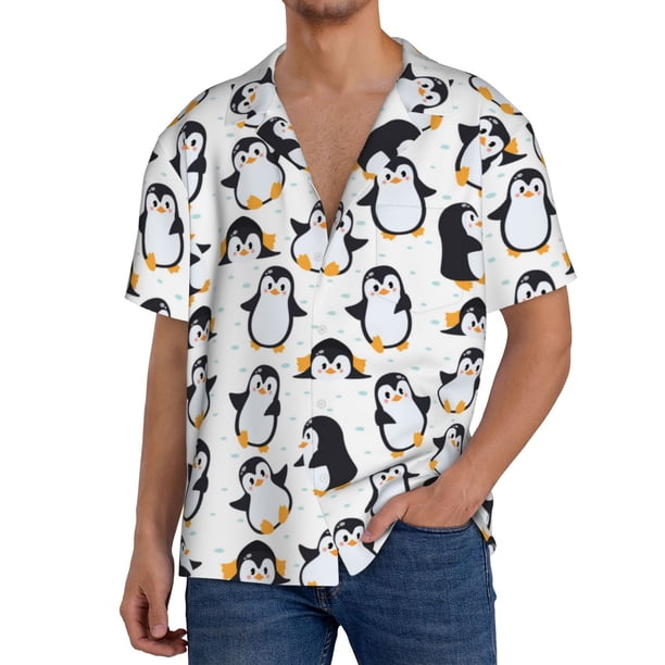 Balery Cute Penguins Camisa Casual de Manga Corta con Botones para Hombre, Texturizada, Estilo Cubano, para Playa, Verano-4X-Large