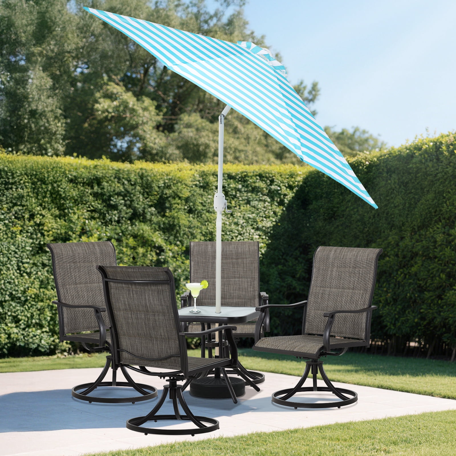 BPS 9FT Outdoor Patio Umbrella with Push Button Tilt & Crank, 8 Sturdy Ribs, UV Protection, Sky Blue-White Stripes