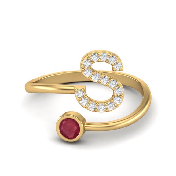 Capital S Initial Letter Ruby Glass Filled Women Valentines Day Gifts Ring Adjustable Front Open Valentines Day Gifts Ring 925 Sterling Silver Gold Vermeil