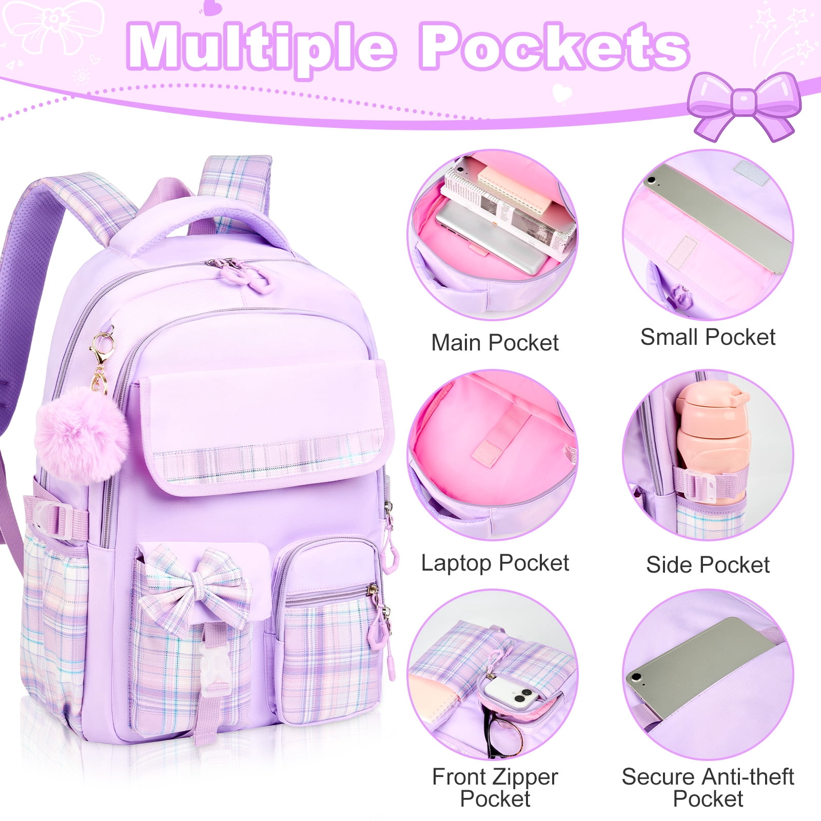 Gynky Backpack for Ages 4-12, Cute School Bag for Elementary & Middle School - Purple, Great as a Back to School Gift