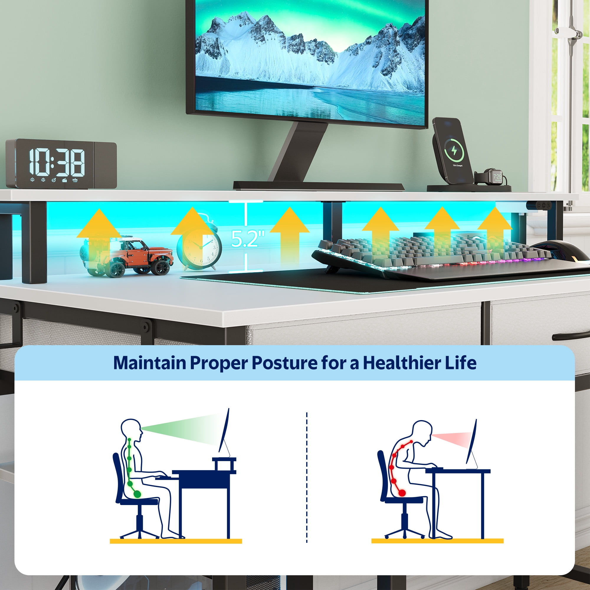 Greenstell 39" Computer Desk with Built-in Outlets & LED, 3-Drawer Office Desk with Monitor Stand, White