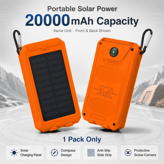 Portable Solar Power 20000mAh Capacity Portable Power Pack with Solar Charging Panel, Compass Design, Anti-Slip Side Grip, Protective Screw Corners, 1 Pack