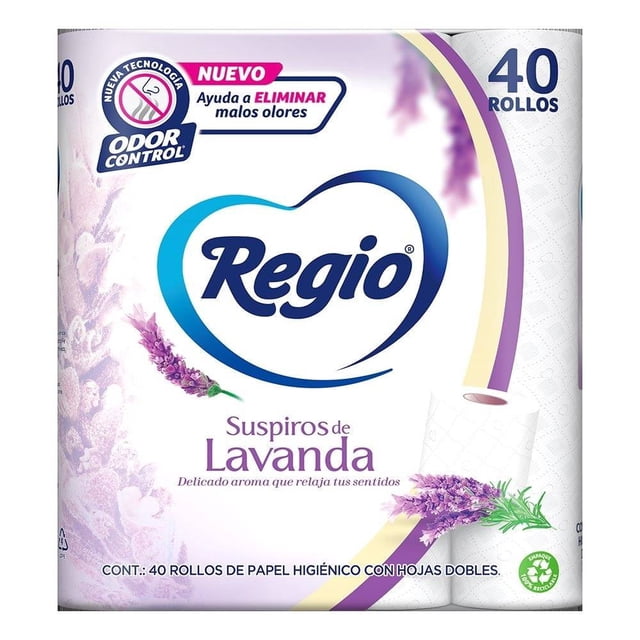 papel higiénico regio suspiros de lavanda 40 rollos con 230 hojas dobles c/u paquete frontal con logo Regio en corazón azul, ilustración de ramas de lavanda y rollos visibles, leyenda Odor Control que indica control de olores y fondo blanco con detalles lilas.