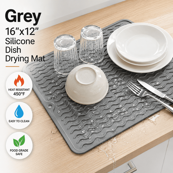 Grey 16"x12" Silicone Dish Drying Mat – Easy Clean, Eco-Friendly, Heat-Resistant – for Kitchen Counter, Sink, Refrigerator, Drawer Liner