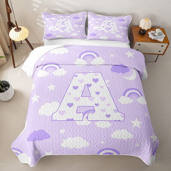 meiyoeat Purple Rainbow Cloud Monogram A Quilt Full,Stars Heart Initial Full Bedspread Sets For Girl,3 Pieces