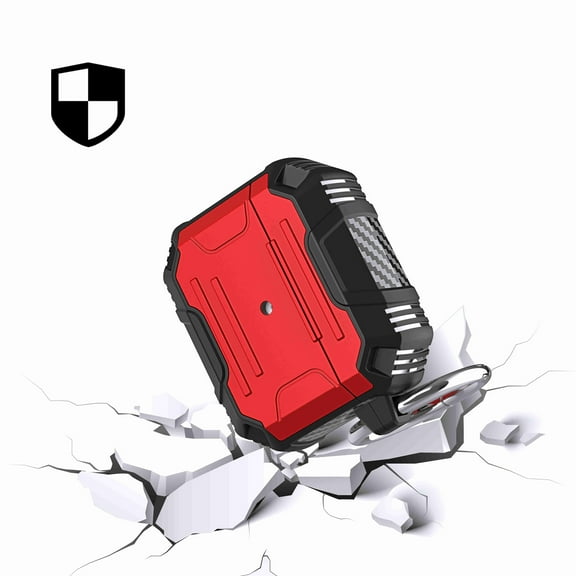 Case for Apple AirPods 2 & 1 Full-Body Rugged ShockProof Hybrid With Metal Hook Carabiner Heavy Duty Armor Protective Cover for Airpods 1/2 - Red