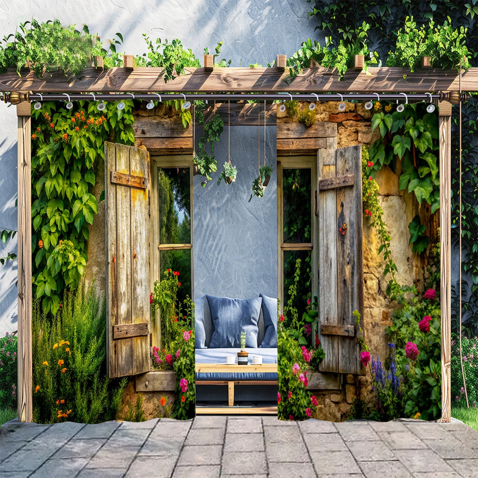 Colorful garden Waterproof Outdoor Curtains for Patio,Blooming Flowers Plants Print,Curtain for Bedroom, Porch, Living Room, Pergola, Cabana,2 Panel, 72x72 inch, Green Multicolor