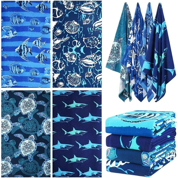 4 Packs Oversized Beach Towel Set, 36 x 72 in XL Extra Large Big Soft Pool Swim Travel Towels Blanket for Adult Women Men Camping Cruise Lounge Cover Gift Shark Turtle