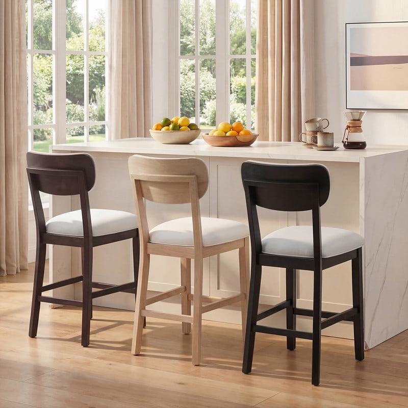 COLAMY Set of 4 Counter Height Bar Stools, Solid Wood Upholstered Barstools with Backrest, Modern Farmhouse Fabric Kitchen Island Stools，Natural