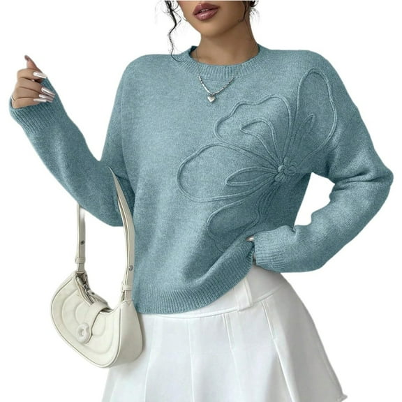 1. Women's Embroidered Floral V-Neck Sweater Long Sleeve Oversized Knit Top Lace Trim