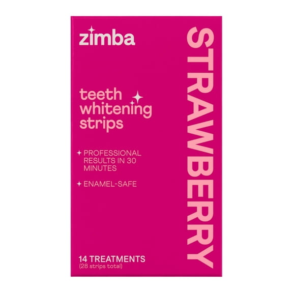 Zimba Teeth Whitening Strips, Enamel Safe Vegan Teeth Whitener, 28 Strips, 14 Treatments, Strawberry