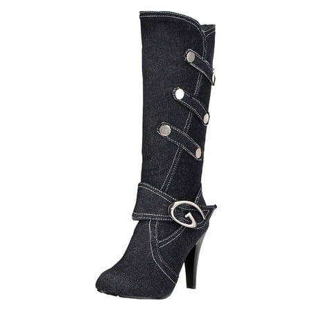 

nsendm Female Shoes Adult Boots for Women High Autumn and Winter New Denim Fabric Thick High Heels Belt Buckle High Boots Womens High Boots Size 5 Black 8.5