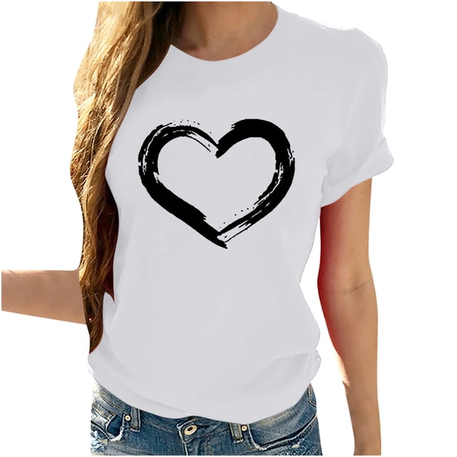 Pompotops Femmes Manches Courtes Col Rond Imprimé en Forme de Cœur Hauts Décontractés Blouse T-shirt