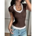 thumbnail image 6 of Women'S 2025 Spring Summer Short Sleeve Ribbed Henley Button Fake Two Pieces Casual T Shirts Blouse Coffee Color XL, 6 of 9