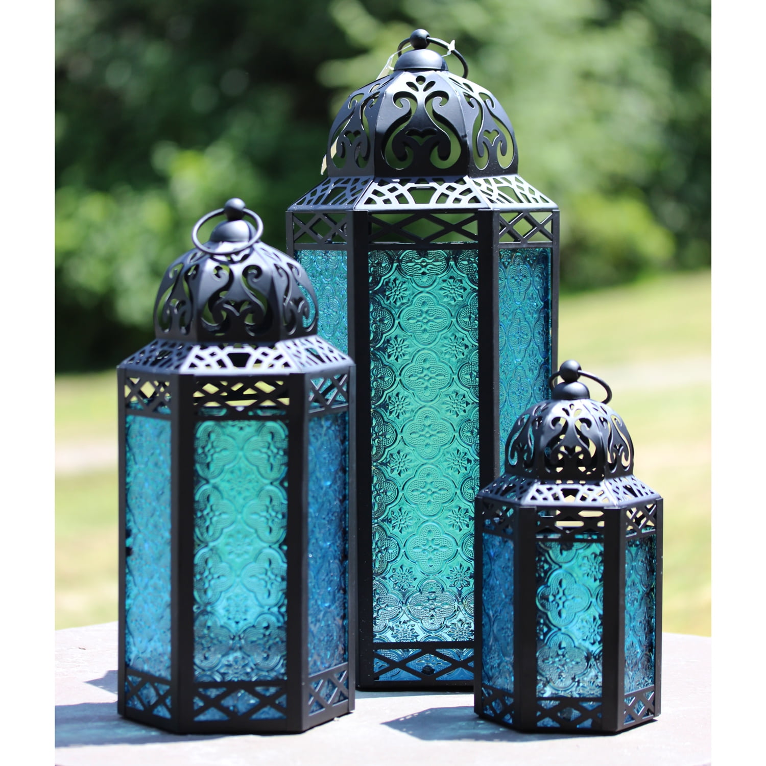 Blue Glass Hanging Vase Votive Candle Holder Lantern  LED Candle Metal Handle 