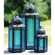 Decorative Candle Lantern Set for Home Decor, Blue Glass, Set of 3