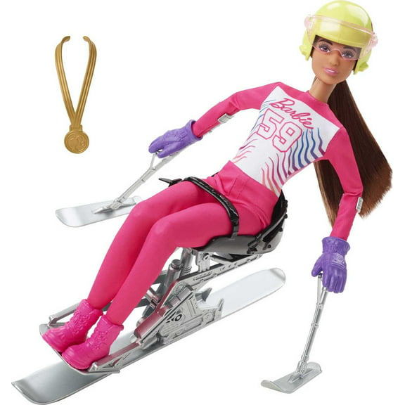 Barbie Winter Sports Para Alpine Skier Brunette Doll (12 in) with Shirt, Pants, Helmet, Gloves, Pole, Sit Ski & Trophy, 3 & Up
