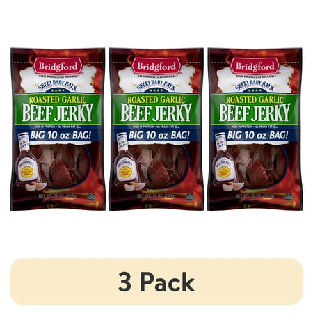 (3 pack) Bridgford 100% Beef Sweet Baby Ray's Garlic Beef Jerky 10oz Resealable Bag