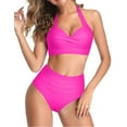 thumbnail image 4 of Women Two Piece Vintage Swimsuit Retro Halter Ruched High Waist Bikini with Bottom, 4 of 11