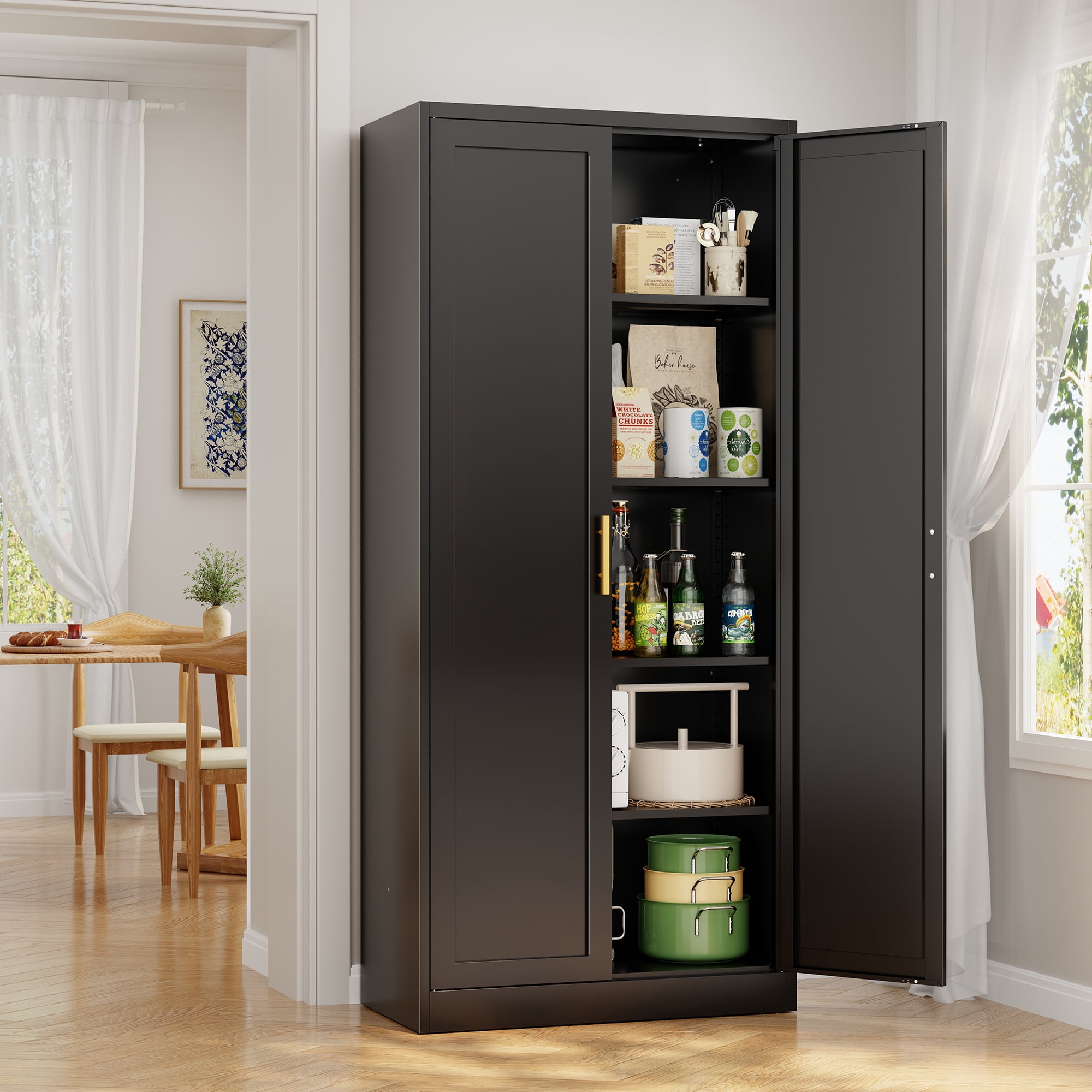 Metal Kitchen Pantry Cabinet, 71"H x 28"W x 14"D Cabinet with 2 Doors and 4 Adjustable Shelves, Kitchen Pantry Storage Cabinet, Metal Pantry Cabinet for Kitchen, Dining Room, Living Room-Black