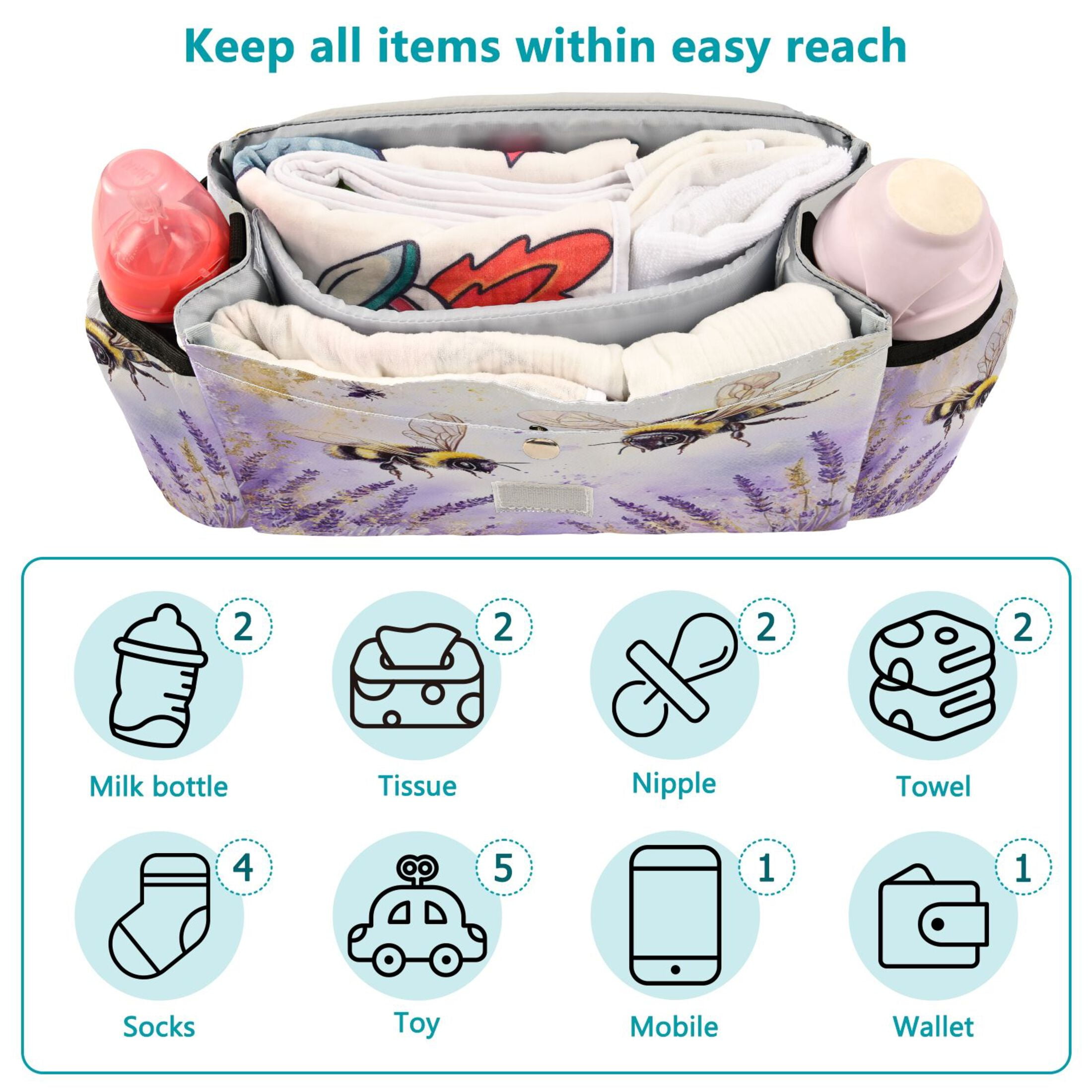 DIXRUYEE Stroller Organizer Buzzing in Bloom Printed