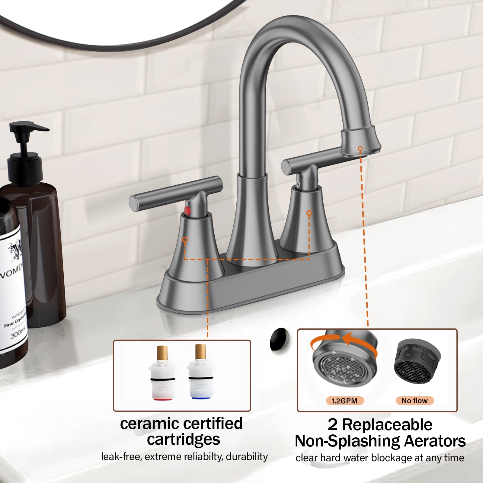 KINGTACK Bathroom Faucets, 4 inch Brushed Grey Bathroom Sink Faucet, Stainless Steel Lead-Free 2-Handle Centerset Faucet with Pop-up Drain and 2 Supply Hoses, Fits 2 or 3-hole Sink
