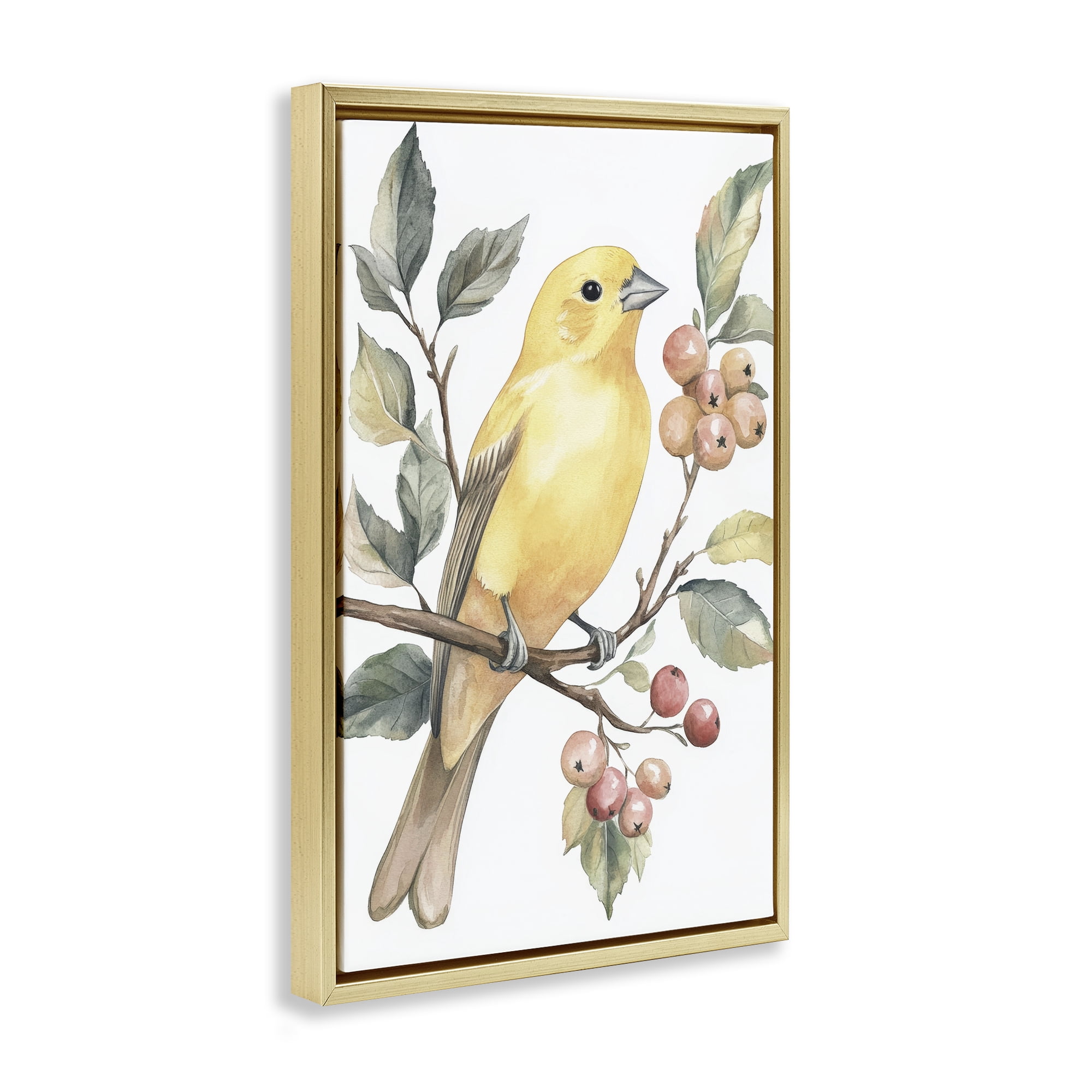 Stupell Industries Sun Lit Bird on Branch Gold Framed Floater Canvas Wall Art, design by Petal Prints Design
