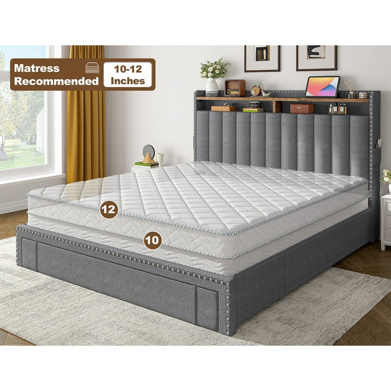 EnHomee Queen Bed Frame with Headboard, 3 Storage Drawers