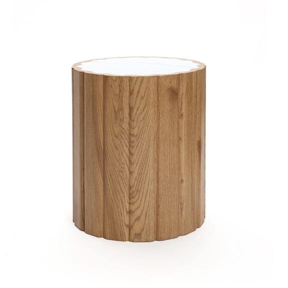 LuxenHome 18.9" Round Side Table, Wooden End Table with Faux Marble Top, Small Side Table for Living Room, Bedroom, Couch Brown