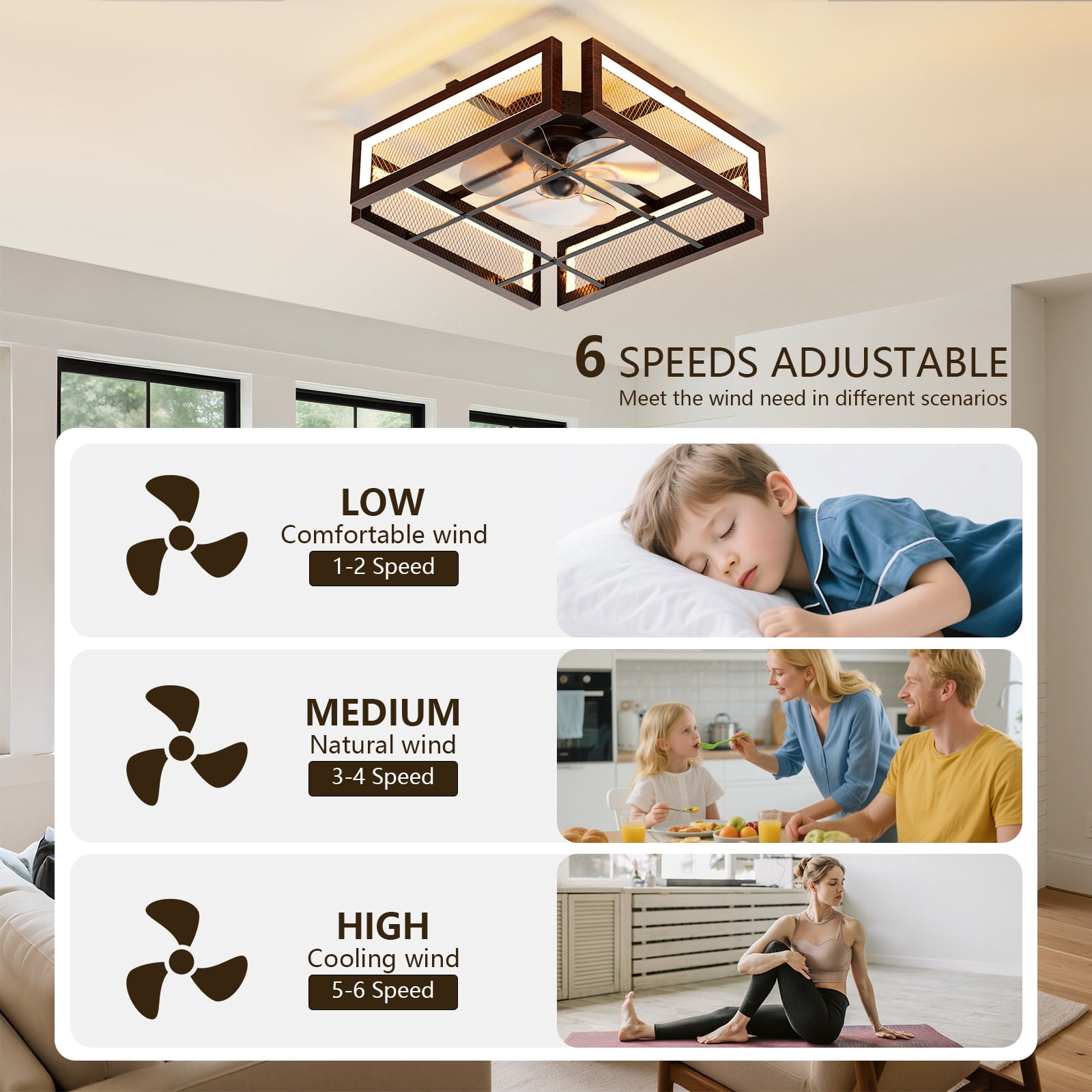 18.9”Wood Grain Brown Square Ceiling Fan with LED Light and Remote Control