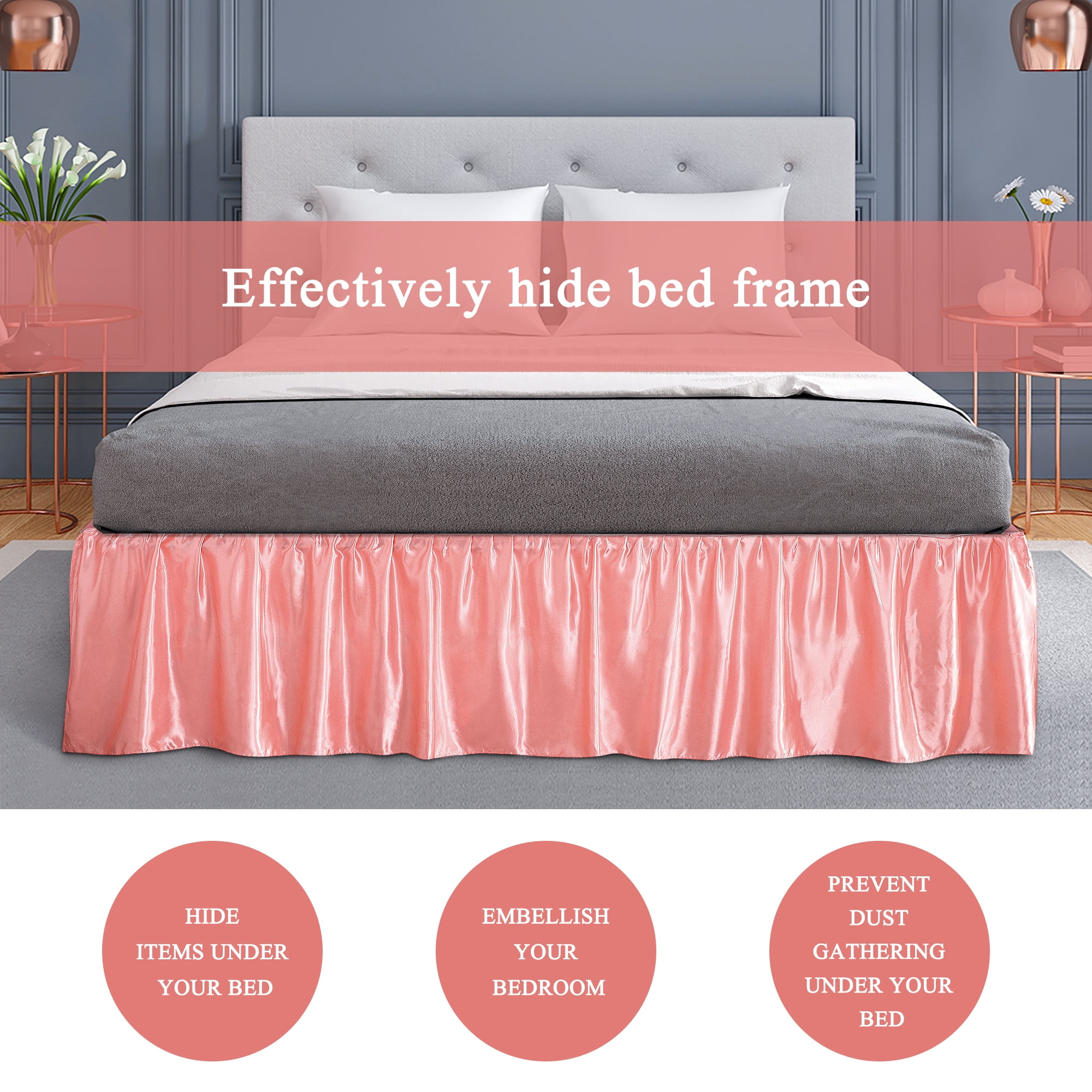 Unique Bargains Dust Ruffle Wrinkle Free Bed Skirt Coral Pink King - 18" Drop