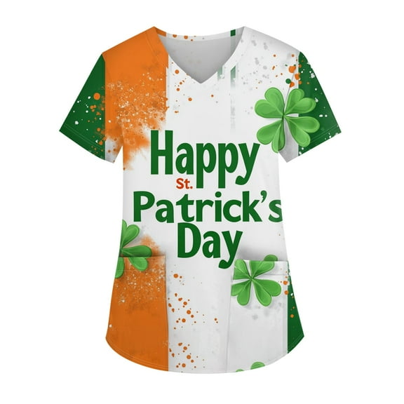 Working Uniform Shirts for Women Irish Shamrock Printed V-Neck Breathable Scrub Tops Short Sleeve Professionals Soft Stretch St. Patrick's Day T-Shirts with Pockets ()