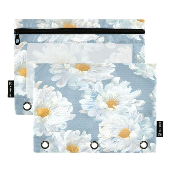2 Pack Pencil Bag 9.84x6.1 Inch 3-Ring Page Turning Folder Zipper Pencil Case Pencil Bag Page Turning File BagWhite Flower