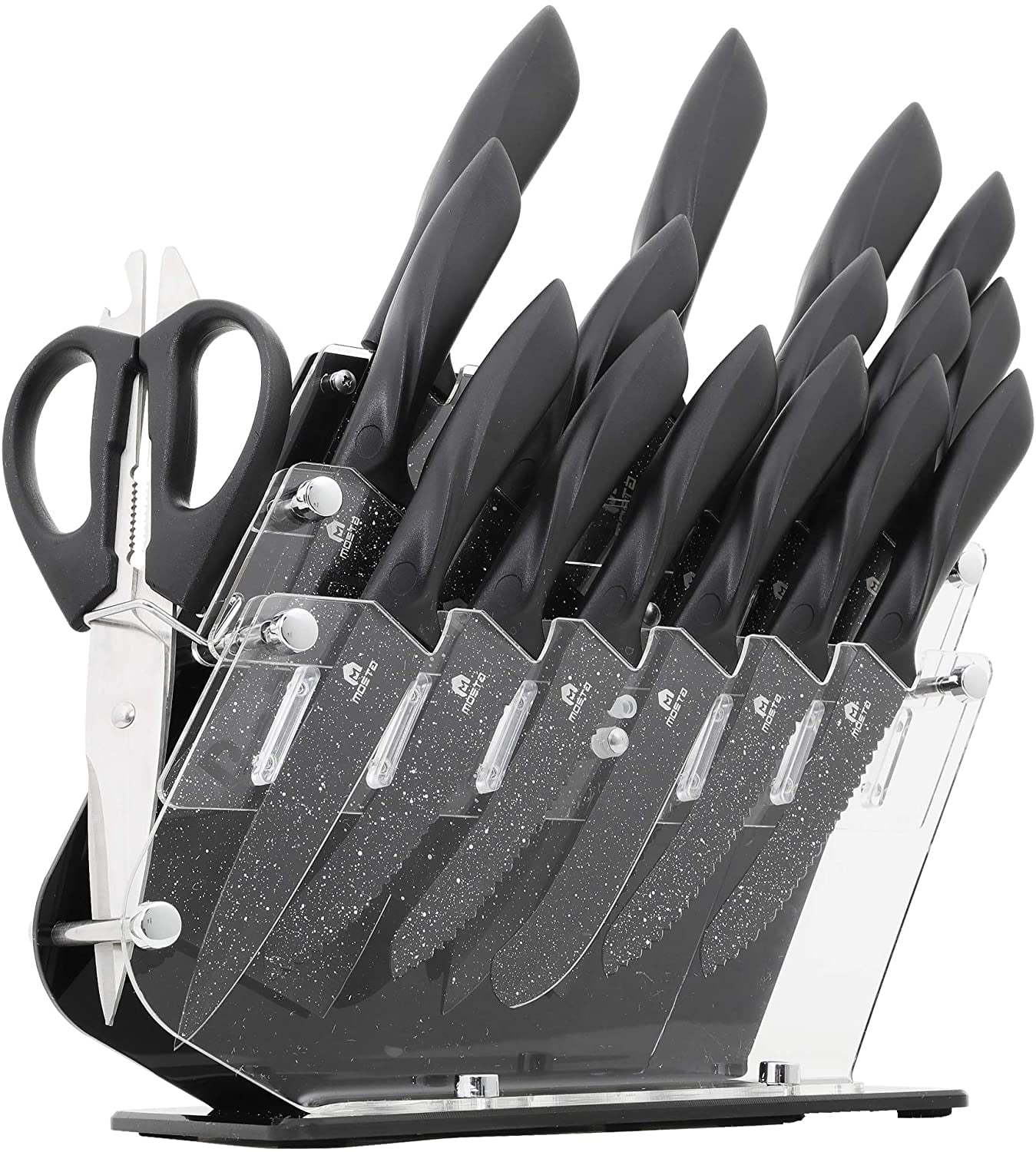 Ceramic Coated Knife Block Set with 16Pcs Kitchen Knives, Chef Knife,Bread Knife,Steak Knife