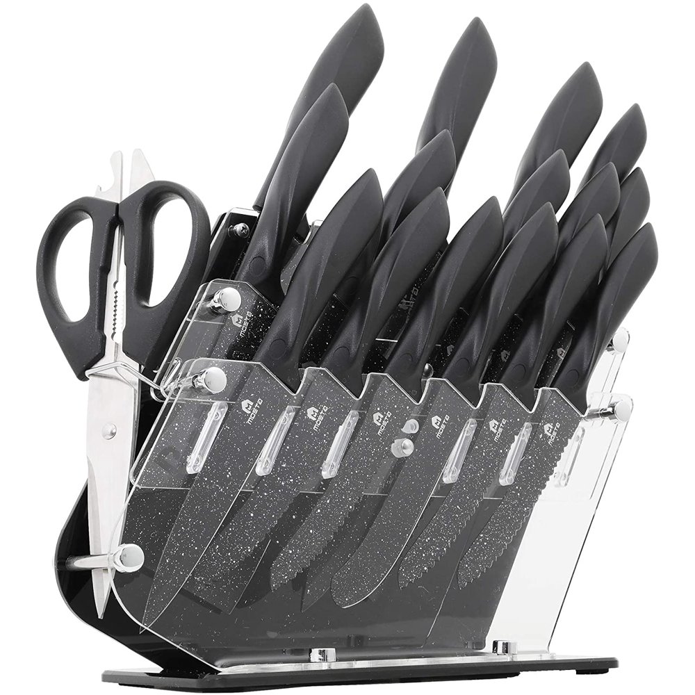 Ceramic Coated Knife Block Set with 16Pcs Kitchen Knives, Chef Knife,Bread Knife,Steak Knife