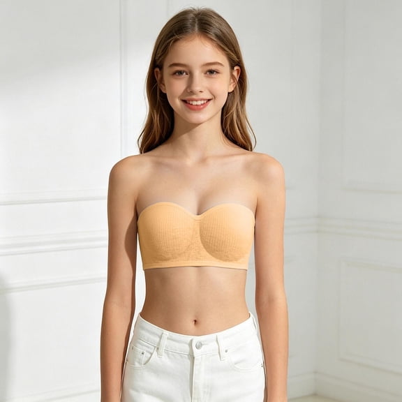 Girls Ribbed Strapless Bandeau Bra with Extra Matching Removable Straps, Wireless Thin Breathable Padded Anti- Tube Bra, Cute Invisible No Show Student Training Bra for Teenage Girls Ages 13-18